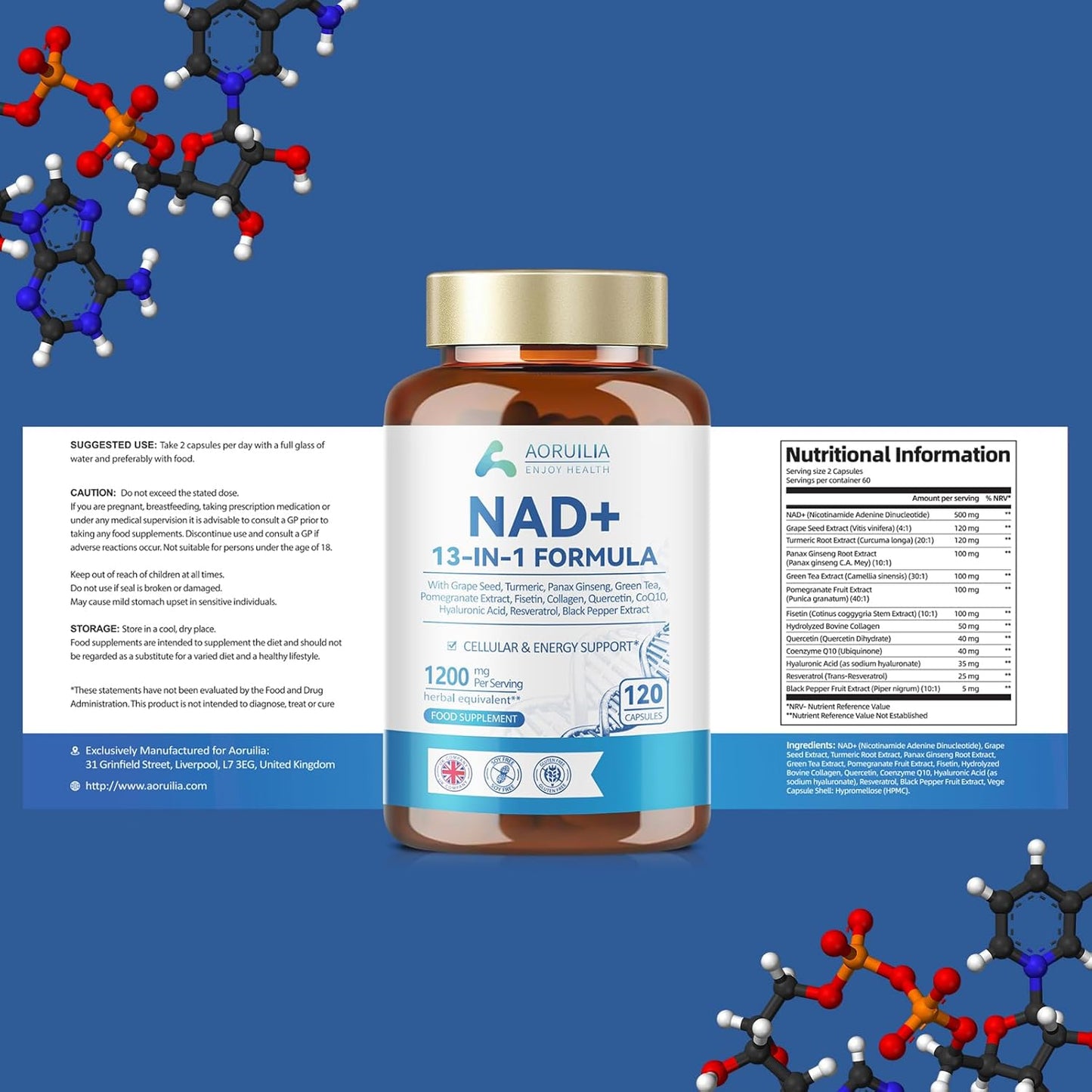 NAD Supplements 1200mg, NAD+ 13 in 1 Superior Antioxidant Blend with Max Absorption for Cellular Energy and Healthy Aging Support, 120 Capsules