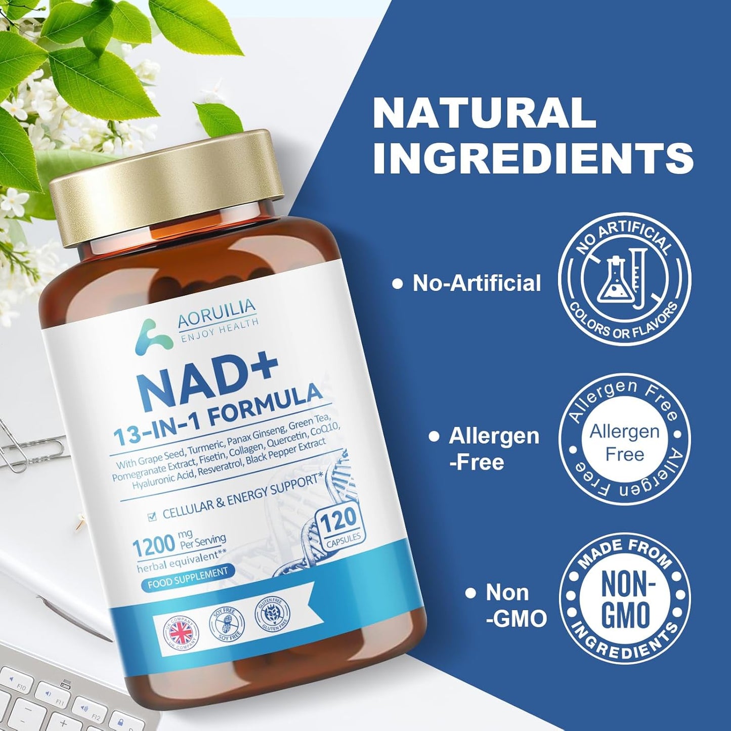 NAD Supplements 1200mg, NAD+ 13 in 1 Superior Antioxidant Blend with Max Absorption for Cellular Energy and Healthy Aging Support, 120 Capsules